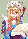  ;) alternate_costume asuzemu bangs blonde_hair bow collarbone commentary_request eyebrows_visible_through_hair eyes fan folding_fan gap hair_between_eyes hat hat_ribbon highres japanese_clothes kimono looking_at_viewer mob_cap obi one_eye_closed parted_lips purple_ribbon red_bow ribbon sash smile solo touhou upper_body wide_sleeves yakumo_yukari yellow_eyes 