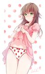  artist_name ass_visible_through_thighs bangs blush bow bow_panties breasts brown_hair cowboy_shot dress dress_lift dutch_angle eyebrows_visible_through_hair food_print frilled_sleeves frills full-face_blush green_eyes hair_flaps long_hair looking_down medium_breasts navel original panties pink_dress polka_dot polka_dot_background print_panties red_bow short_sleeves signature sleepwear solo strawberry_panties strawberry_print thighs tokki underwear white_panties 