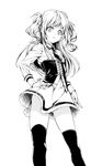  ass_visible_through_thighs breasts corset frown greyscale hand_on_hip highres long_hair looking_at_viewer monochrome necktie original over-kneehighs skirt small_breasts solo thighhighs tokki two_side_up wavy_hair 