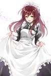  apron apron_lift artist_name bangs breasts brown_hair collared_shirt commentary_request frilled_apron frills green_eyes hair_between_eyes highres juliet_sleeves large_breasts long_hair long_sleeves looking_at_viewer maid maid_headdress open_mouth original puffy_sleeves shirt signature smile solo tokki white_background 