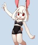  4_fingers anthro armpits blush bra breasts clothing cub female fur lagomorph looking_at_viewer mammal navel open_mouth rabbit red_eyes simple_background smile solo standing translucent transparent_clothing underwear unrealplace white_fur young 