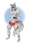  anthro briefs bulge canine clothing headphones huffpup male mammal smile solo standing underwear video_games 