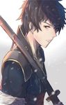 artist_name black_eyes black_hair fire_emblem fire_emblem:_kakusei holding holding_sword holding_weapon kachi looking_at_viewer male_focus ronku sheath sheathed snowing solo sword upper_body weapon 