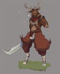  anthro antlers breath bulge cervine clothed clothing deer flaccid horn huffpup machete male mammal melee_weapon penis solo standing sweat weapon 