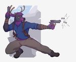  anthro antlers cervine clothed clothing deer fur gun hair handgun horn huffpup male mammal pistol ranged_weapon smile solo standing weapon 