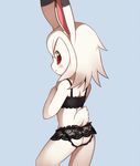  anthro blush bra butt clothing cub female fur lagomorph looking_at_viewer looking_back mammal rabbit red_eyes simple_background smile solo standing translucent transparent_clothing underwear unrealplace white_fur young 