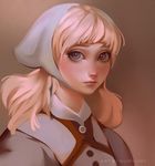  artist_name bangs blonde_hair blue_eyes blunt_bangs blush brown_background cinderella cinderella_(disney) closed_mouth expressionless freckles grey_eyes head_scarf long_hair looking_at_viewer maid numyumy portrait red_lips revision signature simple_background solo uniform upper_body watermark web_address 