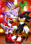 2016 bbmbbf big_breasts blaze_the_cat breasts cat chair clothing dress feline female footwear gem gloves hairband half-closed_eyes hedgehog high_heels horny_(disambiguation) imminent_sex male mammal mistletoe mobius_unleashed naughty_face palcomix patreon plant shadow_the_hedgehog shoes smile smirk sonic_(series) 