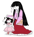  :3 animal_ears bent_over black_hair bunny_ears carrot_necklace closed_eyes commentary_request dress floppy_ears furukawa_(yomawari) houraisan_kaguya inaba_tewi japanese_clothes kimono long_hair multiple_girls open_mouth petting pink_dress puffy_short_sleeves puffy_sleeves short_sleeves sketch sleeves_past_wrists squiggle touhou very_long_hair 