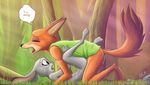  2016 all_fours anthro anthro_on_anthro blush bottomless buckteeth canine clothed clothing cum dialogue disney duo female forest fox hands-free hi_res inner_ear_fluff judy_hopps katkhol lagomorph mammal nick_wilde open_mouth orgasm outside penetration penis predator/prey purple_eyes pussy rabbit saliva saliva_string sex shirt sweat teeth text tree wide_eyed zootopia 