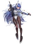  ammunition ass_visible_through_thighs assault_rifle belt black_legwear blue_hair bullpup closed_mouth eyebrows full_body girls_frontline gun hair_between_eyes head_tilt headgear highleg highleg_leotard highres holding holding_gun holding_weapon imi_tavor_tar-21 impossible_clothes impossible_leotard kishiyo leotard leotard_under_clothes logo long_hair looking_at_viewer magazine_(weapon) magazine_ejection necktie official_art orange_eyes pantyhose rifle smile solo standing standing_on_one_leg strap tar-21_(girls_frontline) transparent_background trigger_discipline very_long_hair weapon white_leotard 