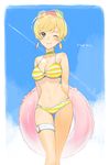  8_beat_story ahoge arms_behind_back bikini blonde_hair blue_eyes blush breasts cleavage collar earrings ekao eyewear_on_head food fruit innertube jewelry kagura_akari looking_at_viewer medium_breasts navel one_eye_closed orange orange_slice smile solo striped striped_bikini sunglasses swimsuit thigh_strap 