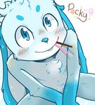  anthro blue_eyes blue_fur blue_nose blush buckteeth chest_tuft food fur lagomorph looking_at_viewer looking_up mammal pocky rabbit ruby_(artist) simple_background sitting solo teeth tuft white_fur 