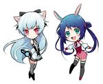  :d animal_ears bangs bare_shoulders beads black_bow black_footwear black_neckwear blue_hair blush boots bow bunny_ears bunny_girl cat_ears cat_girl cat_tail chibi corset detached_collar detached_sleeves double_bun dress frilled_dress frills hair_beads hair_bow hair_flaps hair_ornament looking_at_viewer multiple_girls necktie open_mouth original over-kneehighs own_hands_together pink_skirt pleated_skirt puffy_sleeves red_eyes red_footwear shoes silver_hair simple_background skirt smile standing standing_on_one_leg striped striped_legwear tail teeth thigh_strap thighhighs tokki twintails v_arms vertical-striped_legwear vertical_stripes white_background white_dress 