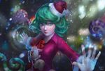  adapted_costume candy candy_cane curly_hair dress flat_chest food green_eyes green_hair hat highres lips nose one-punch_man outstretched_arms red_dress reindeer santa_hat short_hair solo stuffed_animal stuffed_toy tatsumaki telekinesis wei_chang 