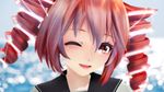  1girl bangs blush female glowing_hair kasane_teto lipstick looking_at_viewer matching_hair/eyes mikumikudance one_eye_closed open_mouth portrait red_eyes red_hair serafuku short_hair smile solo utau wink yunagi_(ektyr_y) 