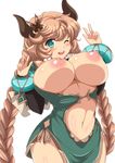  1girl afuro aqua_eyes areolae blush braid breasts breasts_outside brown_hair carmelina_(granblue_fantasy) curvy double_v dress female granblue_fantasy large_breasts long_hair looking_at_viewer navel nipples open_mouth side_slit simple_background skirt solo standing thighs twin_braids v very_long_hair white_background wink 