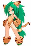  &gt;:) animal_ears animal_print ass_visible_through_thighs bangs bare_shoulders breasts cat_ears cham_cham closed_mouth fang_out full_body gloves green_eyes green_hair hair_ornament hands_on_hips karukan_(monjya) legs_apart long_hair looking_at_viewer low-tied_long_hair no_panties parted_bangs paw_gloves paw_shoes paws samurai_spirits shoes simple_background sleeveless slit_pupils small_breasts smile snk solo sphere standing tail tiger_print tiger_stripes v-shaped_eyebrows very_long_hair white_background 