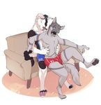  anthro armpits bulge canine clothing duo fur hair huffpup hug male male/male mammal smile tongue tongue_out underwear 