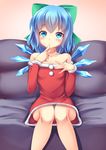  alternate_costume bare_shoulders blue_eyes blue_hair blue_panties bow breasts cirno collarbone commentary_request couch dress finger_to_mouth hair_bow hand_on_own_chest highres kirimori_toya knees_together looking_at_viewer off_shoulder panties pantyshot pantyshot_(sitting) pink_background santa_costume short_dress short_hair simple_background sitting small_breasts solo strapless_santa_dress touhou underwear wings 