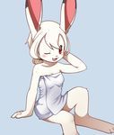  4_fingers anthro blue_background blush cub female fur lagomorph looking_at_viewer mammal naked_towel one_eye_closed open_mouth rabbit red_eyes simple_background sitting smile solo unrealplace white_fur wink young 