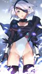  absurdres ass_visible_through_thighs black_dress black_gloves blindfold blue_eyes bouncing_breasts breasts cameltoe cleavage_cutout cowboy_shot dress gloves hairband highres leotard looking_at_viewer medium_breasts nier_(series) nier_automata no_mole one_eye_covered open_mouth puffy_sleeves short_hair sketch skindentation solo sparrow_(xici9527) thighhighs white_hair white_leotard wind wind_lift yorha_no._2_type_b 