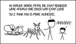  2016 8_legs ambiguous_gender antlers arachnid arthropod black_and_white black_hat_(xkcd) black_nose by-nc cervine christmas comic creative_commons dialogue english_text feral hair hat holidays horn humor hybrid license_info mammal monochrome randall_munroe reindeer simple_background sled spider standing stick_figure text webcomic white_background xkcd 
