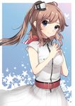  anchor belt blue_eyes breast_pocket brown_hair dress fingers_together highres kantai_collection long_hair looking_at_viewer mizuki_eiru_(akagi_kurage) pocket ponytail red_neckwear saratoga_(kantai_collection) side_ponytail smile solo star starry_background white_dress 