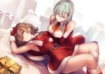  alternate_costume aqua_hair arm_warmers armpits blue_eyes blurry blurry_background boots box breasts brown_hair christmas_tree_hair_ornament cleavage detached_collar dress eyebrows_visible_through_hair fur_trim gift gift_box green_eyes hair_ornament kantai_collection kumano_(kantai_collection) kyouya_(mukuro238) large_breasts leaning_on_person long_hair looking_at_another lying multiple_girls neckerchief on_side red_dress red_footwear smile suzuya_(kantai_collection) 