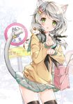  :o animal animal_ear_fluff animal_ears animal_on_shoulder bag bell black_ribbon blush cat cat_ears cat_on_shoulder cat_tail cat_teaser cowboy_shot fish_hair_ornament green_eyes grey_hair hair_ornament hair_ribbon hairclip inconvenient_tail jingle_bell juna long_sleeves looking_at_viewer low_twintails miniskirt neckerchief open_mouth original outdoors paw_pose ribbon road_sign school_bag school_uniform serafuku shoulder_bag sign skirt solo tail tail_bell thighhighs twintails zettai_ryouiki 