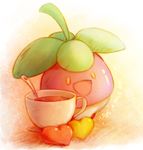  cup food gen_7_pokemon leaf no_humans open_mouth pokemon pokemon_(creature) shine_cheese solo teacup yellow_eyes 