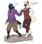  anthro canine clothed clothing duo english_text fur hair huffpup male mammal smile standing text tongue tongue_out 