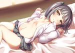  bangs bed_sheet blush bow breasts collared_shirt covered_nipples dress_shirt eyebrows_visible_through_hair fingernails green_bow grey_skirt hair_bow highres kantai_collection kasumi_(kantai_collection) knee_up long_hair long_sleeves looking_at_viewer lying md5_mismatch no_bra off_shoulder on_back on_bed open_clothes open_shirt panties panty_peek pleated_skirt shirt side_ponytail silver_hair skirt sleeves_past_wrists small_breasts solo soramuko stomach striped striped_panties suspender_skirt suspenders underwear white_shirt yellow_eyes 