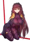  arched_back bodysuit breast_hold breasts eyebrows_visible_through_hair fate/grand_order fate_(series) gae_bolg kneeling large_breasts long_hair looking_at_viewer parted_lips pauldrons polearm purple_bodysuit purple_hair red_eyes scathach_(fate)_(all) scathach_(fate/grand_order) simple_background solo spear veil very_long_hair weapon white_background yaman 