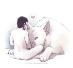  beard bed bestiality black_hair blue_eyes blush canine facial_hair fatalfox fellatio feral hair human human_on_feral interspecies male mammal monochrome nude oral paws sex size_difference wolf 