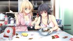  2girls ayase_hazuki bare_shoulders black_hair blonde_hair blush breasts butter chobipero chocolate cleavage cooking game_cg green_eyes highres hoodie indoors kitchen large_breasts long_hair looking_down mole mole_under_eye multiple_girls pink_eyes sleeveless standing table window zannen_na_ane_to_no_love_comedy 