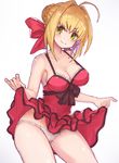  &gt;:) ahoge asarokuji blonde_hair bow bow_panties braid breasts dress dress_lift fate/extra fate_(series) green_eyes hair_bow highres looking_at_viewer medium_breasts modern_costume_of_crimson nero_claudius_(fate) nero_claudius_(fate)_(all) nightgown panties red_bow shiny shiny_hair shiny_skin smile solo strap_gap underwear v-shaped_eyebrows white_panties 