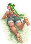  10s 1girl ass barefoot dark_skin feet green_eyes green_hair mao_(pokemon) matching_hair/eyes open_mouth overalls pokemon pokemon_(game) pokemon_sm soles tied_hair toes trial_captain twintails 