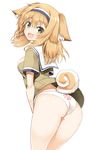  animal_ears ass bangs breasts dog_ears dog_tail fang hairband i-26_(kantai_collection) inuzumi_masaki kantai_collection kemonomimi_mode light_brown_eyes light_brown_hair looking_at_viewer medium_breasts no_pants open_mouth panties paw_print print_panties sailor_collar shirt short_sleeves simple_background smile solo tail underwear white_background white_panties 