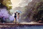 1girl brown_hair long_hair md5_mismatch mocha_(cotton) original rain river scenery shared_umbrella short_hair smile tree umbrella 