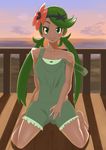 10s 1girl barefoot feet flower green_eyes green_hair hair_ornament long_hair mao_(pokemon) overalls pokemon pokemon_sm spread_legs twintails 
