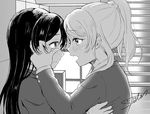  ayase_eli blazer eye_contact face-to-face greyscale halftone highres hug jacket long_hair long_sleeves looking_at_another love_live! love_live!_school_idol_project monochrome multiple_girls open_mouth ponytail signature sonoda_umi suito tears upper_body wiping_tears yuri 
