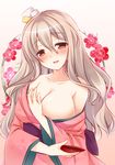  :d alternate_costume bare_shoulders breasts brown_eyes cleavage collarbone cup curly_hair hat headgear holding japanese_clothes kantai_collection kimono large_breasts long_hair looking_at_viewer minakami_rinka mini_hat off_shoulder open_mouth pink_kimono pola_(kantai_collection) sakazuki silver_hair smile solo undressing yukata 
