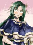  blue_capelet blush bow breasts capelet dark_green_hair green_eyes green_hair hair_rings large_breasts long_hair looking_at_viewer mima narrowed_eyes no_hat no_headwear solo touhou touhou_(pc-98) underboob upper_body yohane 
