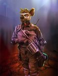  2014 anthro armor biped black_eyes black_nose body_armor brown_fur brown_hair cigarette clothed clothing digital_media_(artwork) elbow_pads eyebrows front_view fur gloves grenade_launcher hair half-closed_eyes half-length_portrait holding_object holding_weapon hyena looking_at_viewer male mammal multicolored_fur outside police police_uniform portrait ranged_weapon serious short_hair smoking solo standing tacklebox three-quarter_portrait two_tone_fur uniform weapon white_fur 