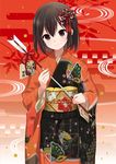  alternate_costume arrow bangs black_eyes black_hair commentary_request ema hair_between_eyes hair_ornament hamaya highres holding ica japanese_clothes kantai_collection kimono long_sleeves looking_at_viewer remodel_(kantai_collection) sendai_(kantai_collection) short_hair smile solo translation_request two_side_up 