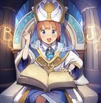  :d bangs blue_eyes book bracelet brown_hair center_frills crescent crown frilled_shirt_collar frills index_finger_raised jewelry open_book open_mouth original pillar robe sitting smile solo tarot tetsuo_(amenohutikoma) the_high_priestess throne veil 