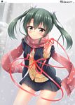  alternate_costume blazer c: check_commentary commentary commentary_request contemporary green_hair hino_(2nd_life) jacket kantai_collection long_hair looking_at_viewer pinky_swear pleated_skirt red_string scarf school_uniform silver_eyes skirt smile snowing solo string twintails twitter_username zuikaku_(kantai_collection) 