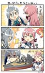  &gt;_&lt; 2girls 3koma :d =_= ahoge akashi_(kantai_collection) battleship blush bow bowtie closed_eyes comic commentary_request engiyoshi from_behind gattai_kyokan_yamato green_eyes grey_eyes grey_hair hair_between_eyes kantai_collection kiyoshimo_(kantai_collection) long_hair military military_vehicle multiple_girls one_eye_closed open_mouth pink_hair revision sailor_collar shaded_face ship smile thumbs_up too_literal translation_request v-shaped_eyebrows warship watercraft wrench 