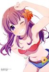  absurdres arm_up armpits ass_visible_through_thighs bikini_top blush breasts cleavage collarbone cowboy_shot flower girlish_number hair_flower hair_ornament hand_on_hip highres karasuma_chitose_(girlish_number) kinoshita_sumie leaning_forward long_hair looking_at_viewer megami navel non-web_source one_eye_closed purple_eyes purple_hair shorts small_breasts smile solo standing white_background 